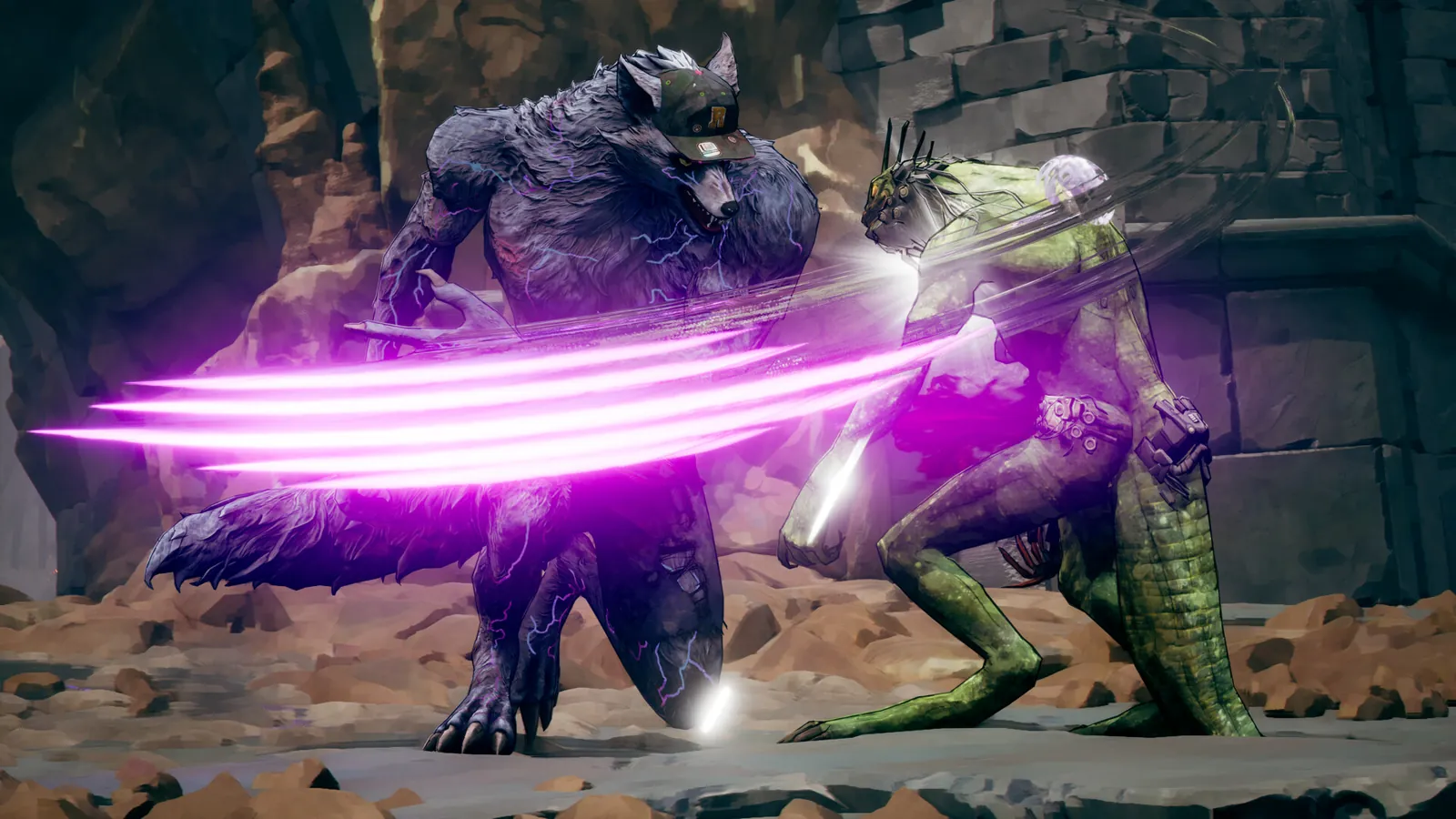 Stupid Never Dies werewolf style fight with a lizardman enemy in a rocky cave.