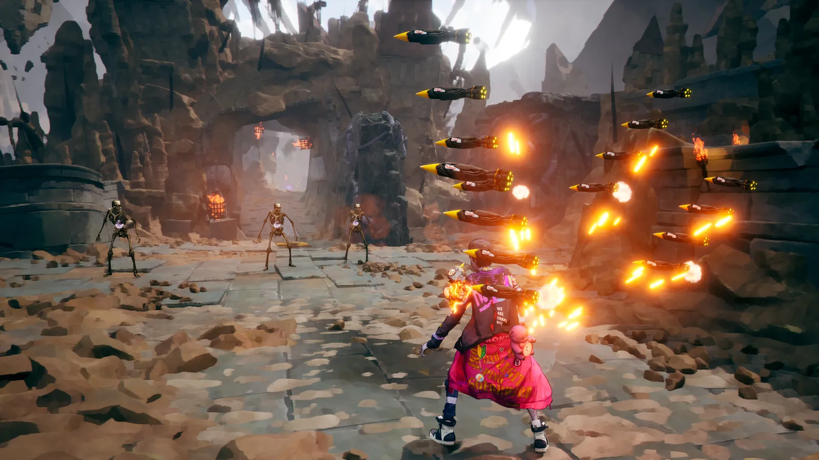 Stupid Never Dies screenshot of Davy firing shoulder-mounted rockets into a skeleton horde.