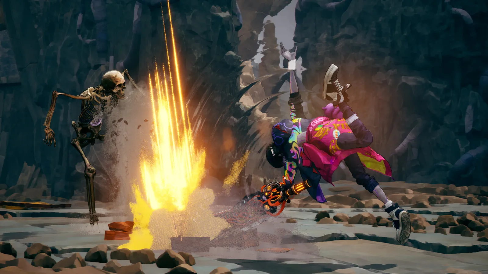 Stupid Never Dies action scene of Davy fighting skeleton enemies in a ruined stone dungeon.