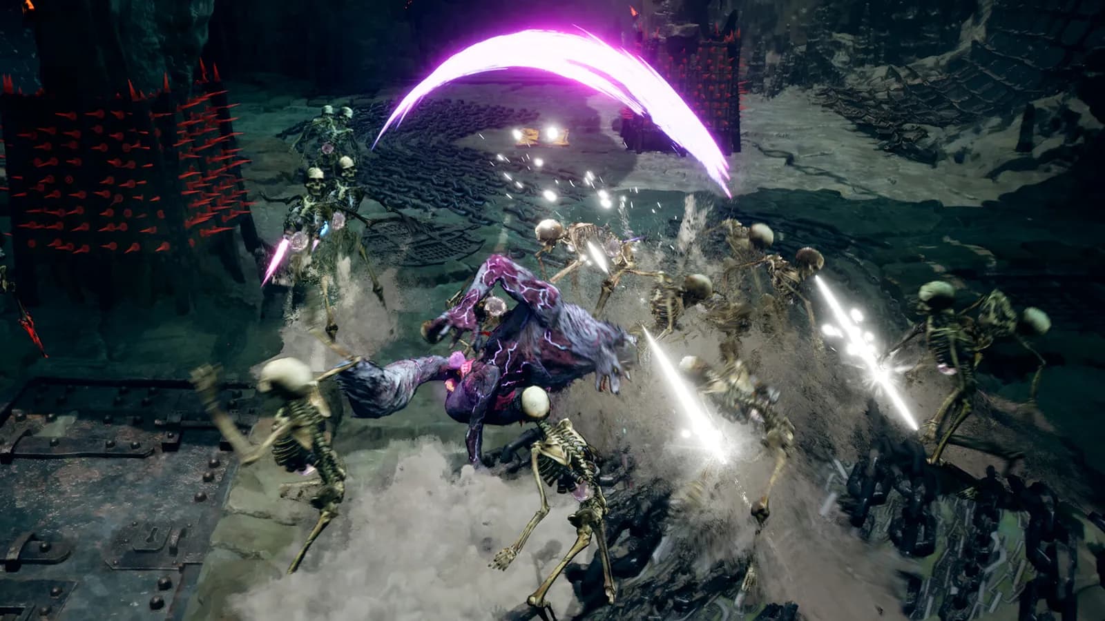 Stupid Never Dies werewolf combat style unleashing a giant purple slash through skeletons.