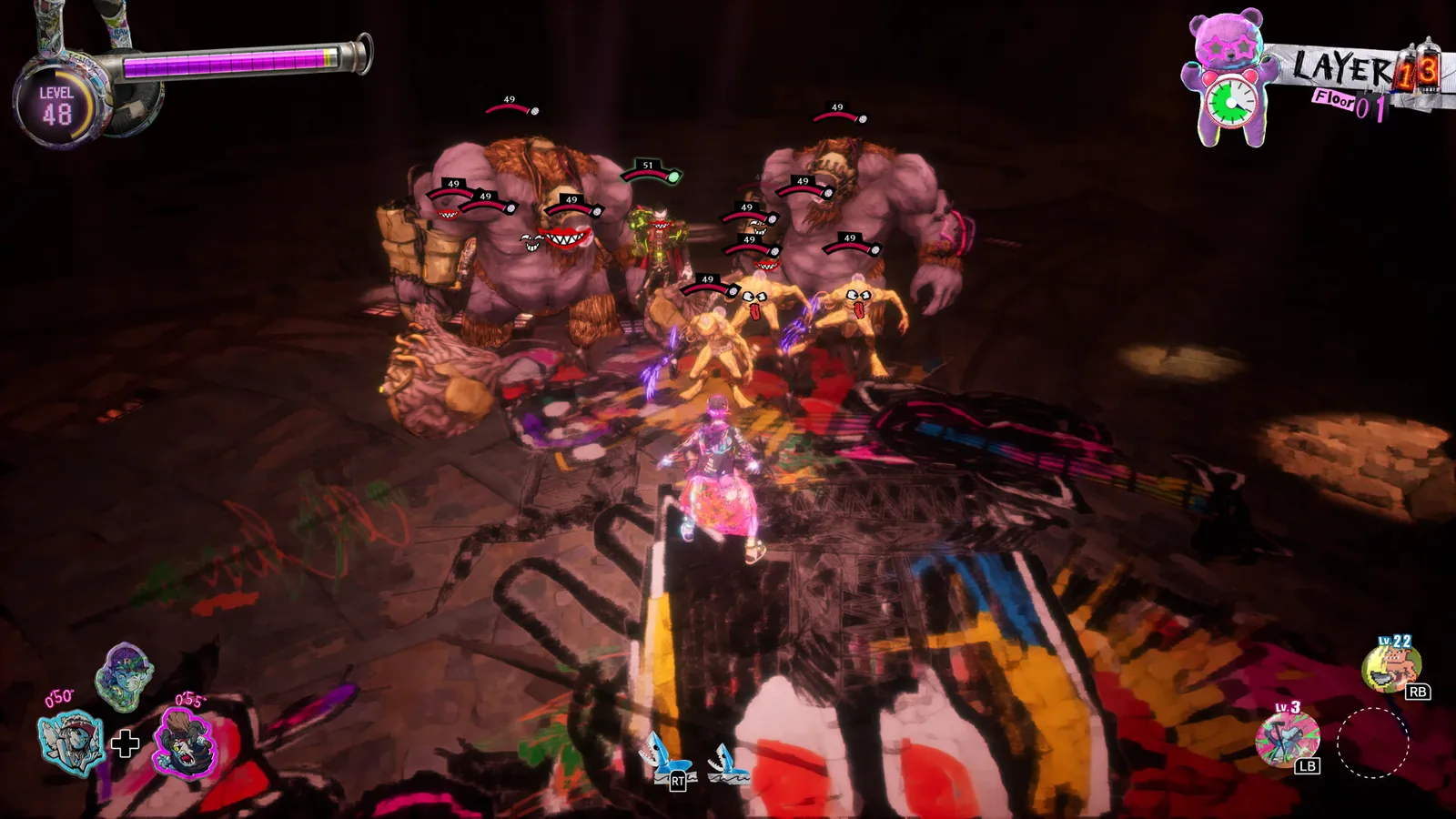 Stupid Never Dies gameplay screenshot showing Davy fighting monsters in a dark industrial dungeon with neon UI.