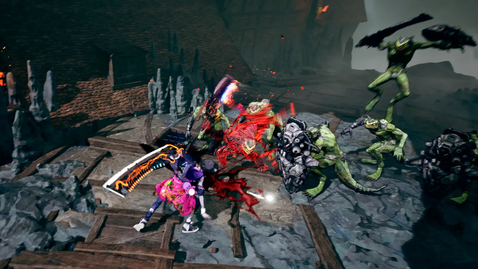 Stupid Never Dies combat scene of Davy fighting lizardman monsters with twin neon blades.