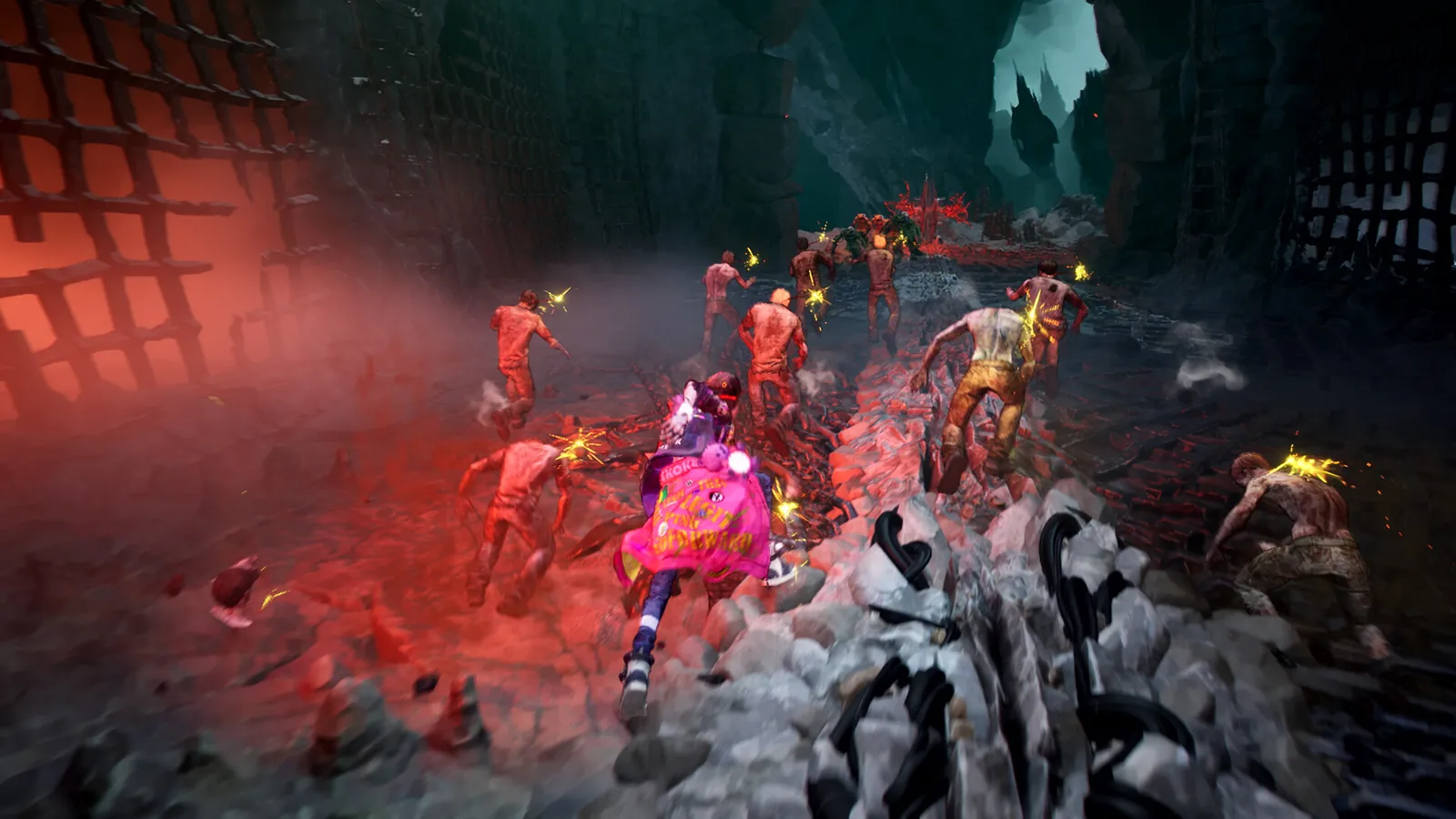 Stupid Never Dies cave dungeon combat against zombie enemies with neon explosions.
