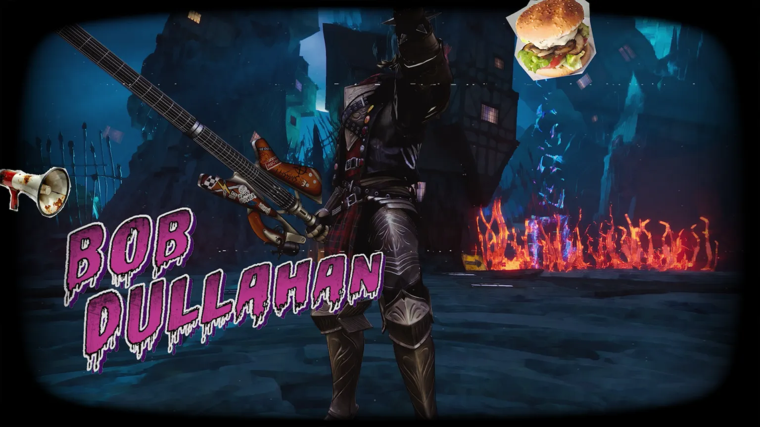 Bob Dullahan — a headless wanderer in studded leather and plated armor, wielding a guitar-fret / gun hybrid in front of a dark, half-timbered town.