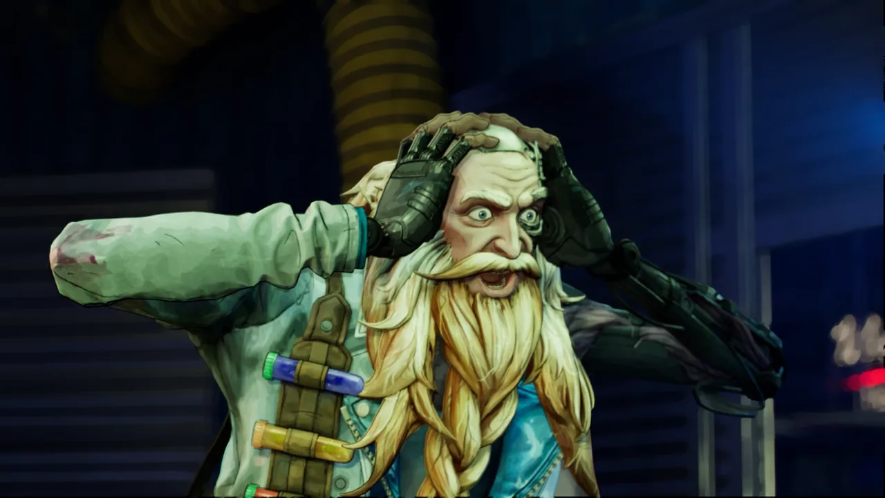 Dr. Frank, elderly scientist with a long white beard, lab coat, vials, and a cybernetic mechanical arm, running Frank’s Database (Jupiter Target) in Stupid Never Dies.