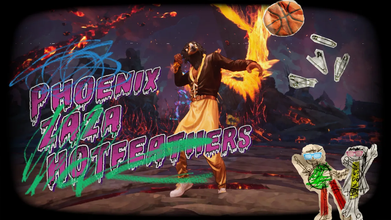Phoenix Zaza Hotfeathers, the strange cosmic character introduced in the second Stupid Never Dies trailer, in a fiery bird-like stylized portrait.