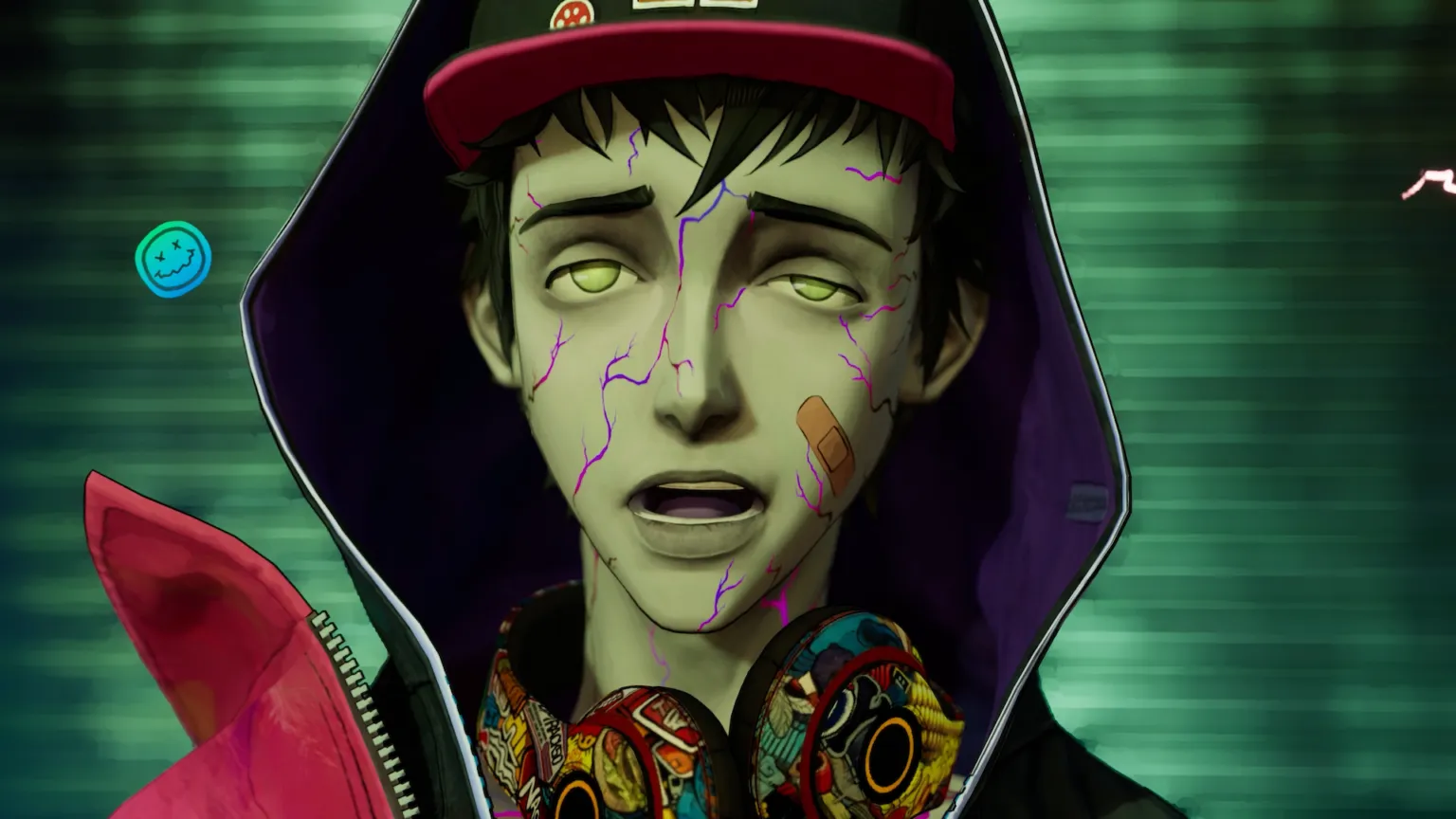 Davy — a young zombie protagonist with a backwards cap, graffiti-print headphones, and pink / purple neon crack-veins glowing across his face.