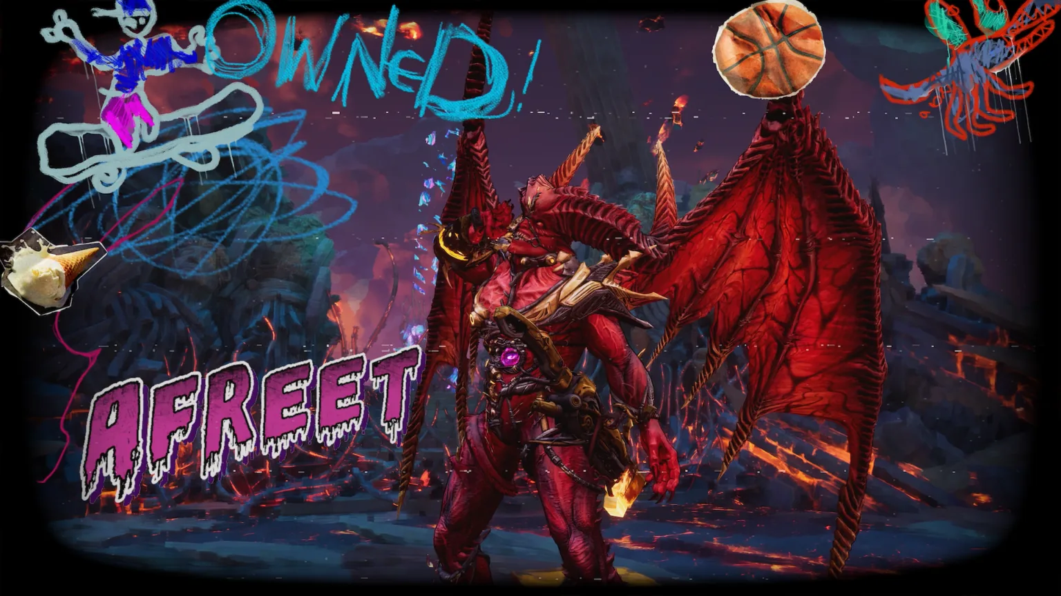 Stupid Never Dies boss artwork — Afreet, the red winged demon in a fiery ruined landscape, featured in the bestiary.