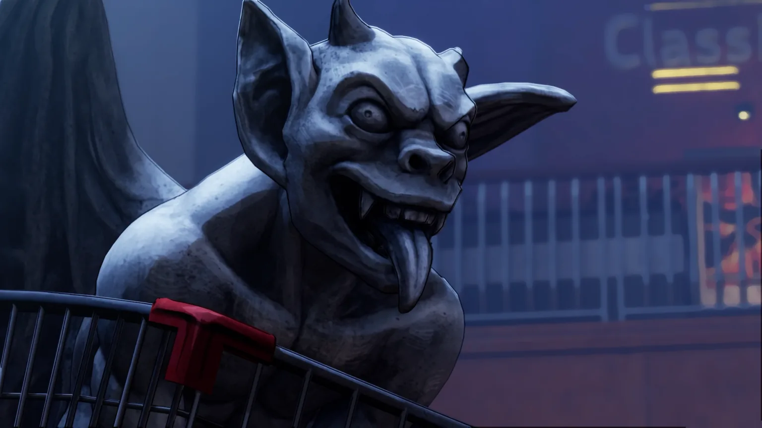 Stupid Never Dies companion portrait — a stylized stone gargoyle with horns, fangs, and a long tongue, part of Davy's NPC party.